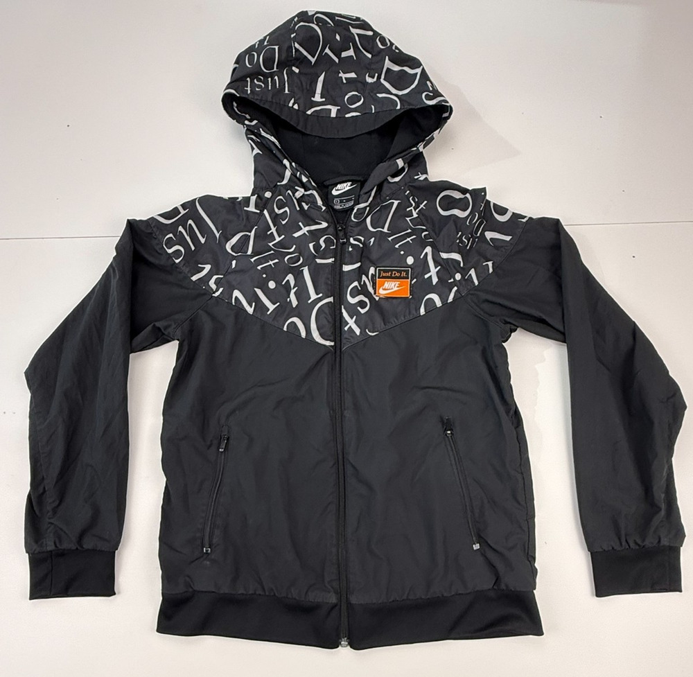 Nike Just Do It Windbreaker Jacket Mens L Black Gray Hooded Running Full Zip